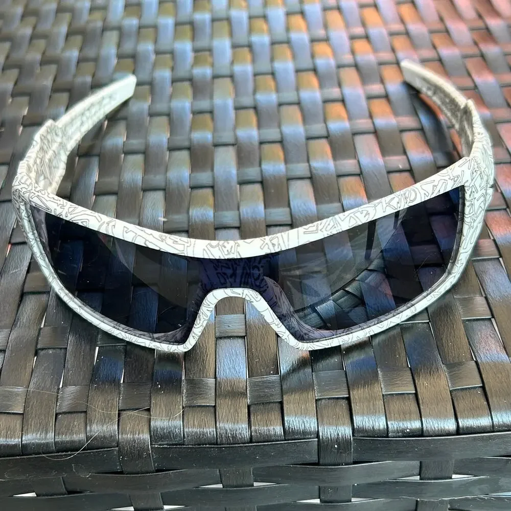 Oakley Oil Rig sunglasses  White frame covered in black graphic text Gray lens